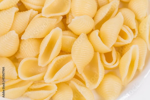 Close up of Italian pasta shells.