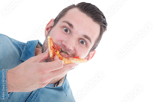 Foto Mann isst hektisch seine Pizza Nahaufnahme