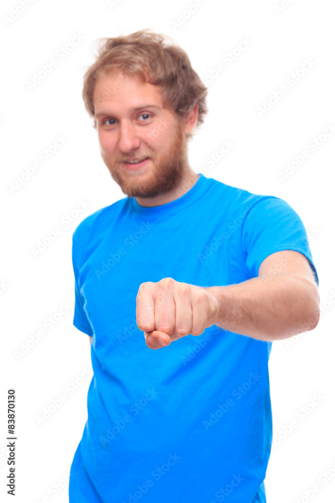 Man doing fist bump on white Man doing fist bump on white