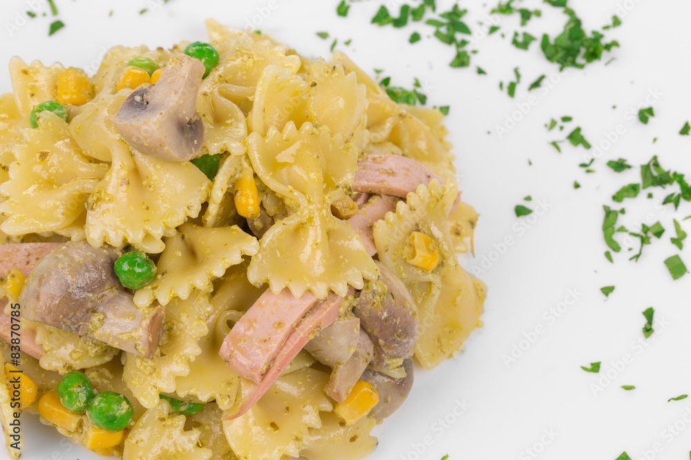 Pasta shells with vegetables and sausage. Pasta shells with vegetables and sausage.