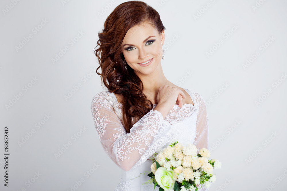 Portrait of happy bride in wedding dress, white background Portrait of happy bride in wedding dress, white background