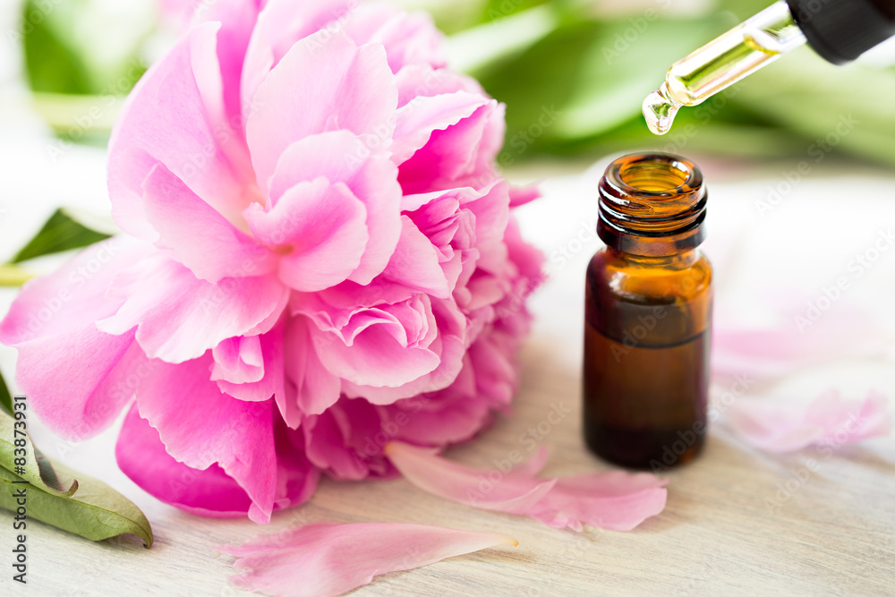 Aromatherapy, essentials oils, peony flowers - obrazy, fototapety, plakaty 