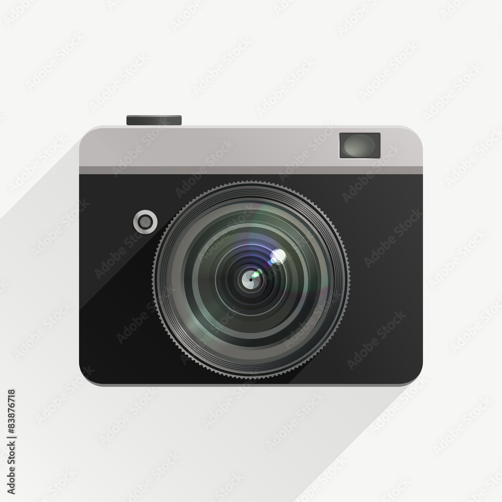 Camera in a flat design with realistic lens. Camera in a flat design with realistic lens.