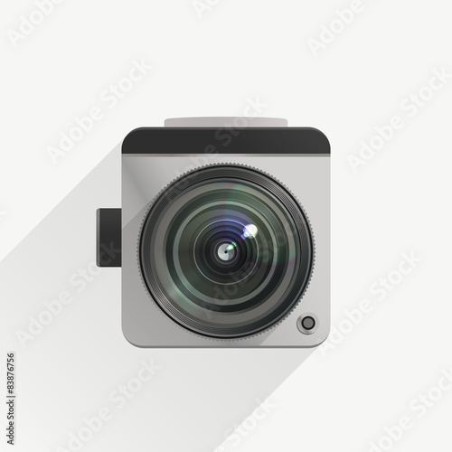 Camera in a flat design with realistic lens.