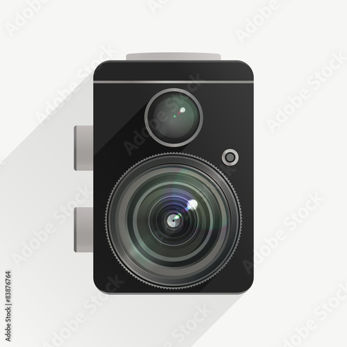 Camera in a flat design with realistic lens.