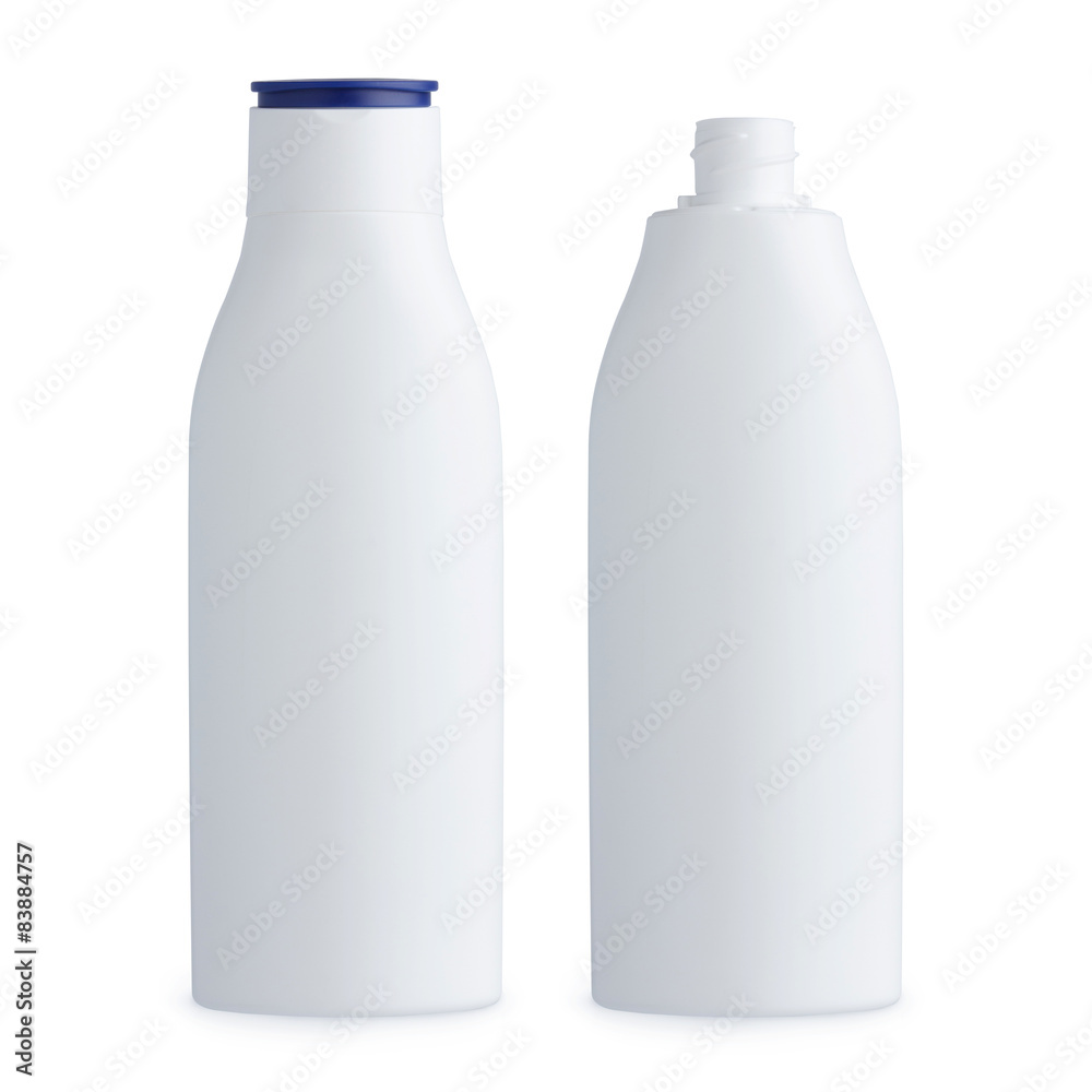 Blank matte plastic white cosmetics bottle, closed and open Blank matte plastic white cosmetics bottle, closed and open