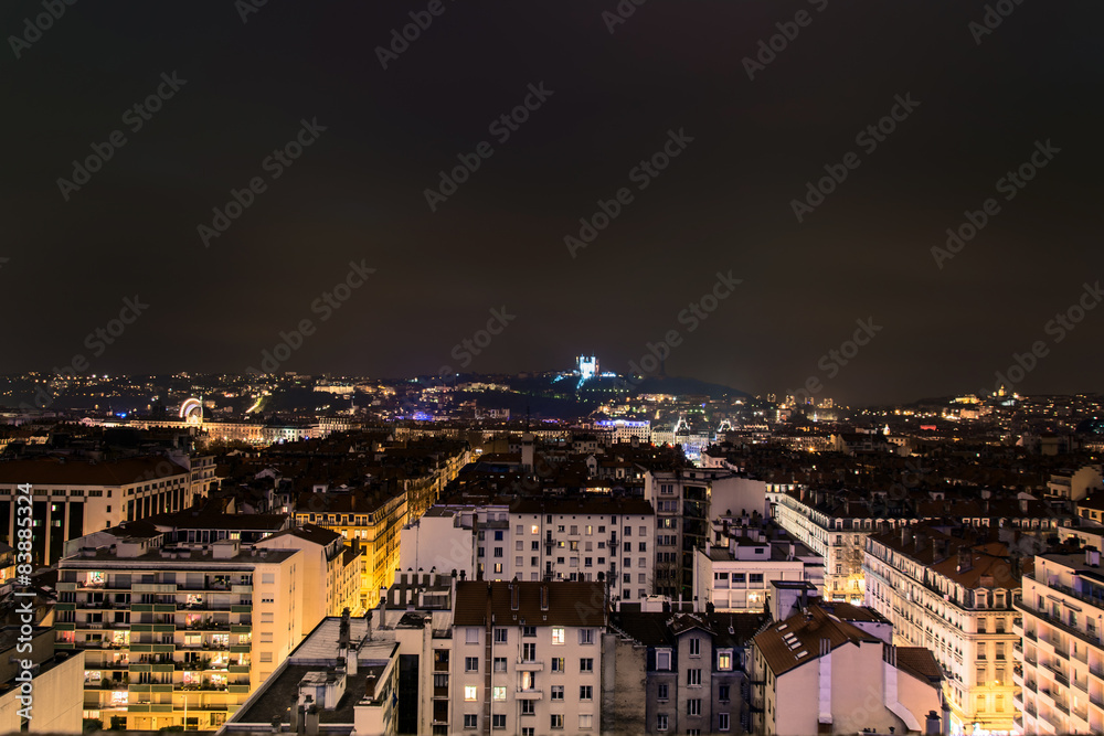 night view of downtown in Lyon, France
