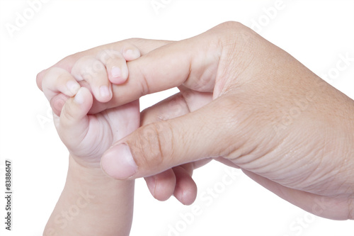 Child hand holds father finger