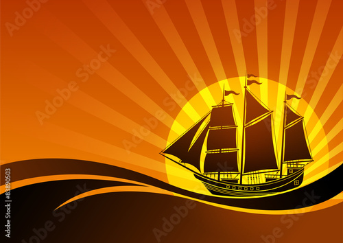 Sailing Ship on Sea in sunset background. Vector illustration.