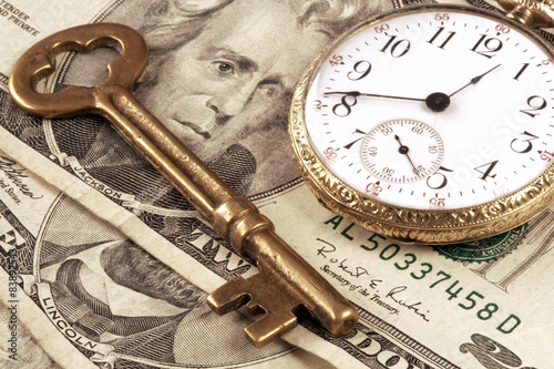 Pocket Watch, US Currency, And Skeleton Key photo