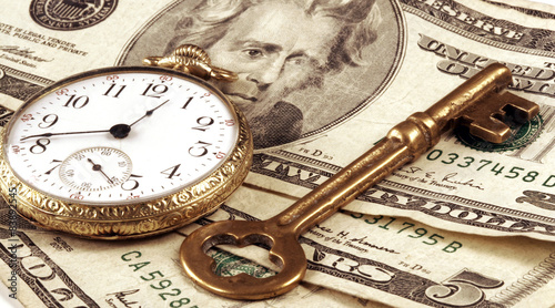 Pocket Watch, US Currency, And Skeleton Key photo