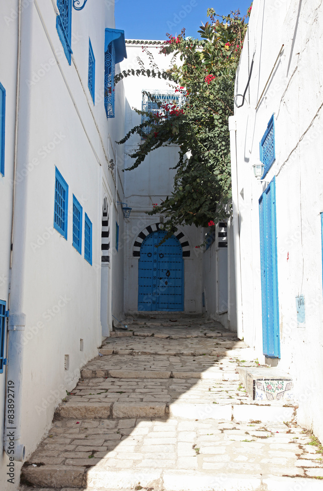 Fototapeta premium Sidi Bou Said - typical building with white walls, blue doors and windows