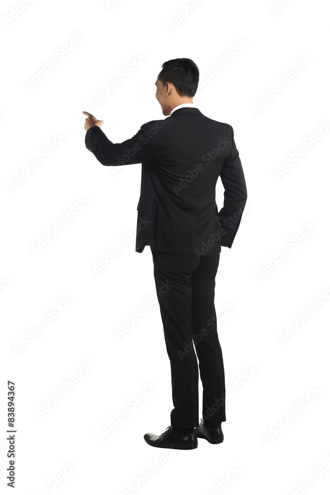 Fullbody Asian Business Man Pointing Something Fullbody Asian Business Man Pointing Something