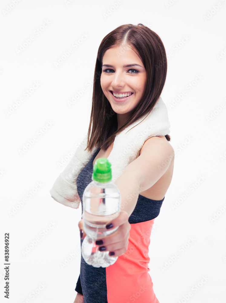 Happy fitness woman holding bottle of water Happy fitness woman holding bottle of water