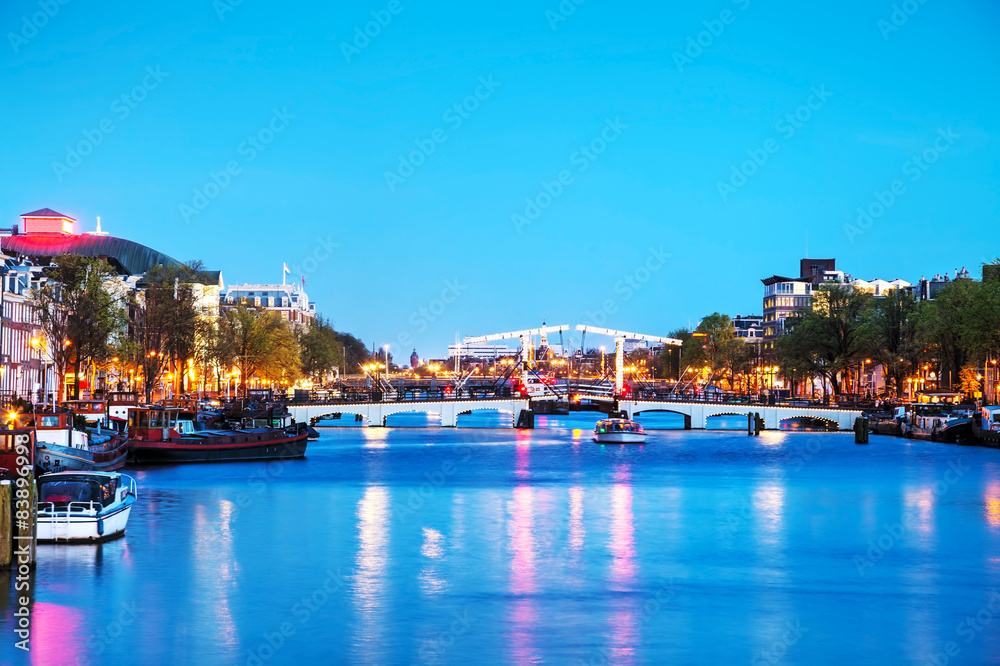 Night city view of Amsterdam, the Netherlands