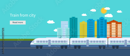 Train on railway with city background