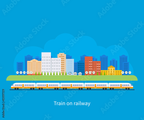 Train on railway with city background