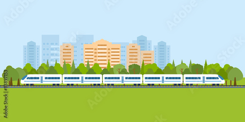 Train on railway with city background