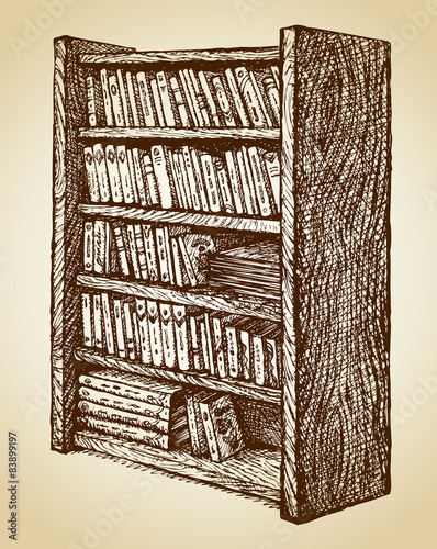 Bookcase with various books. Vector drawing