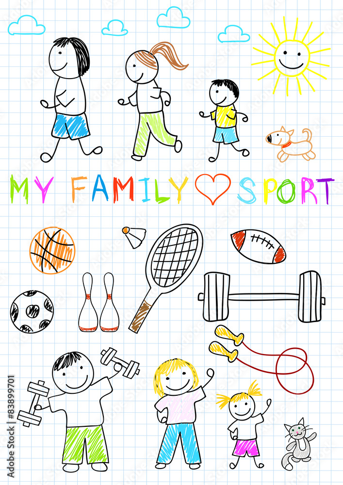 Happy family - mother, father and children, doing exercises Happy family - mother, father and children, doing exercises