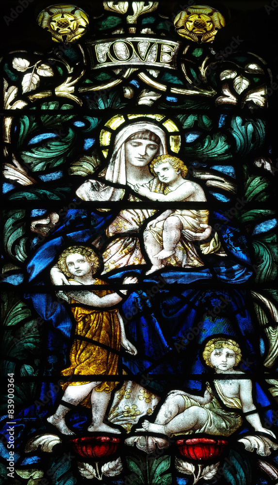 Mary with three children (stained glass)
