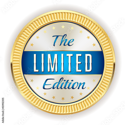 Blue limited edition badge with gold border