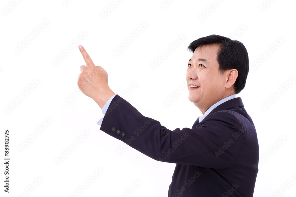 senior manager, middle age businessman pointing up senior manager, middle age businessman pointing up