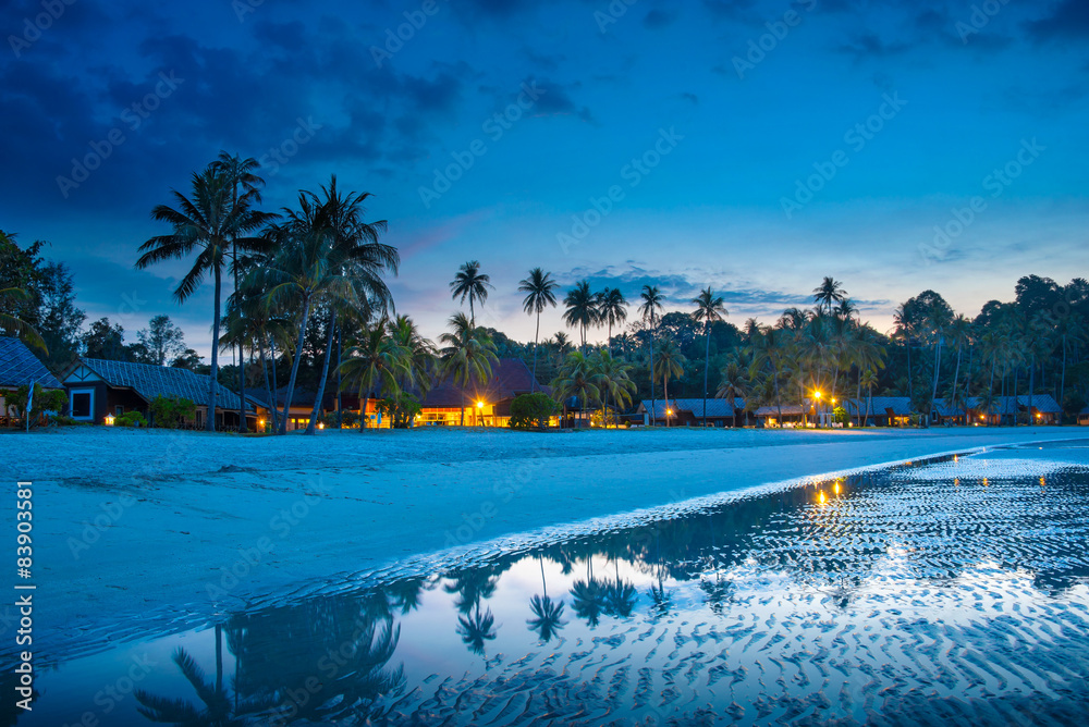 Tropical beach with palm trees and resort lights at night