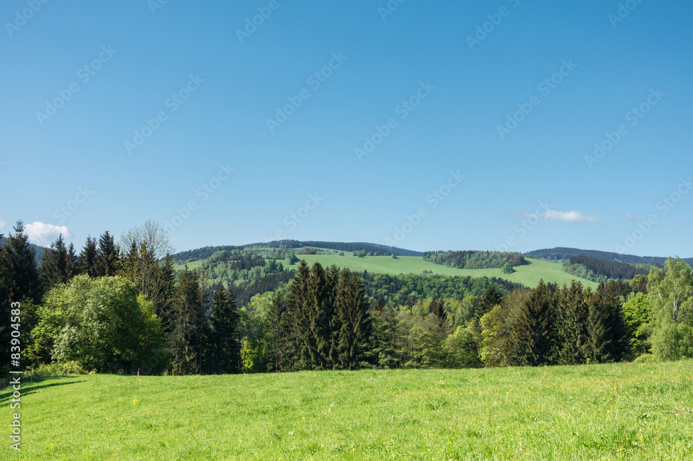 Spring countryside with pastures, trees and blue sky Spring countryside with pastures, trees and blue sky