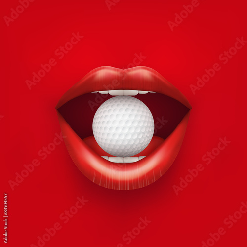 Background of Womans open mouth with golf ball in lips.