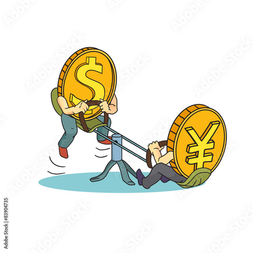 Yuan and Dollar coins on teeter. Yuan vs dollar
