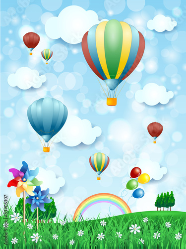 Spring landscape with hot air balloons, vertical version