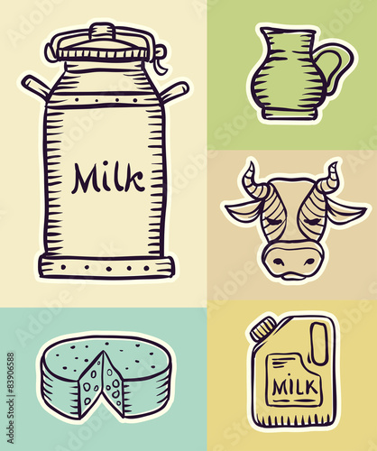 Milk and dairy products hand drawn set draft sketch. Eps8