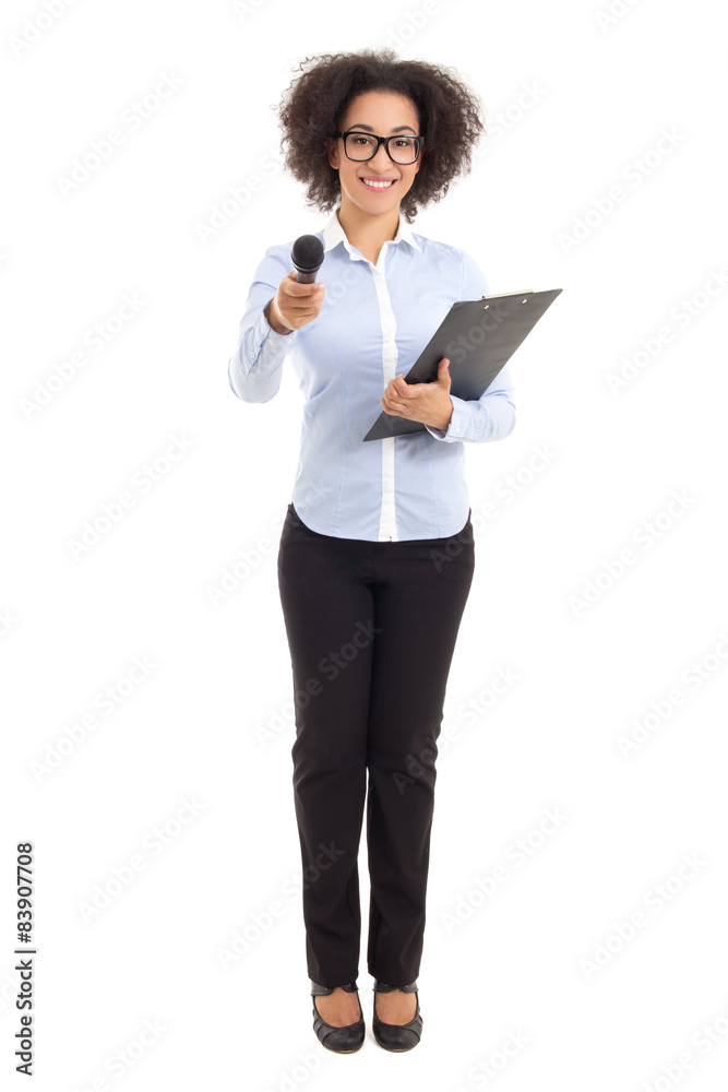 beautiful african american female journalist with microphone tak beautiful african american female journalist with microphone tak