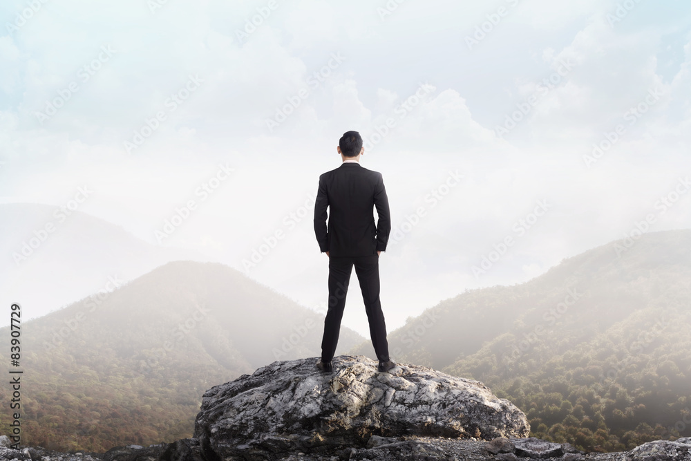 Business man standing on the top of the mountain looking at the Business man standing on the top of the mountain looking at the