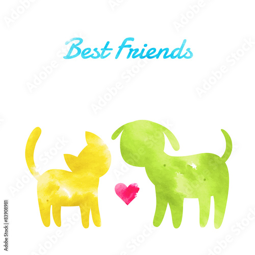 Fototapeta Naklejka Na Ścianę i Meble -  Watercolor cat and dog silhouettes
