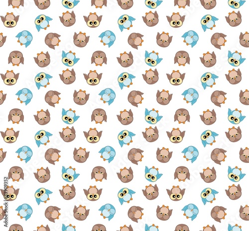 Tileable pattern with cute blue and brown owls on white