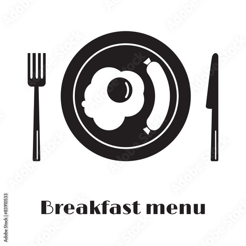 Vector one color icon for breakfast menu with egg and sausage. 