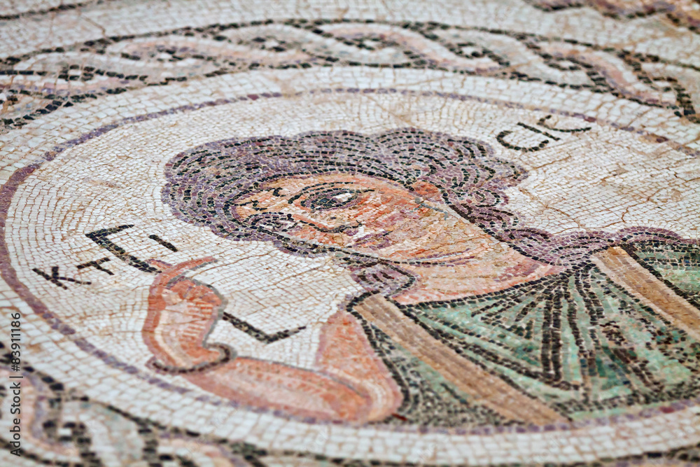 Fragment of ancient religious mosaic in Kourion, Cyprus