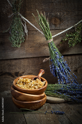 Fototapeta Naklejka Na Ścianę i Meble -  Herbs drying on the wooden table