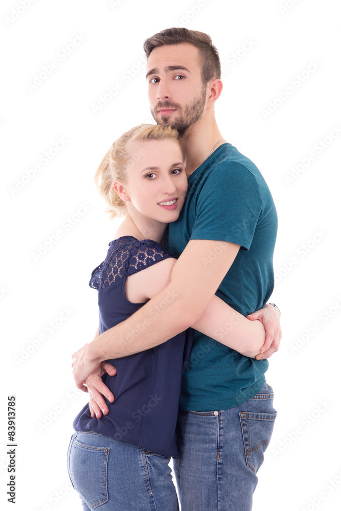 love concept - happy young man and woman hugging isolated on whi love concept - happy young man and woman hugging isolated on whi