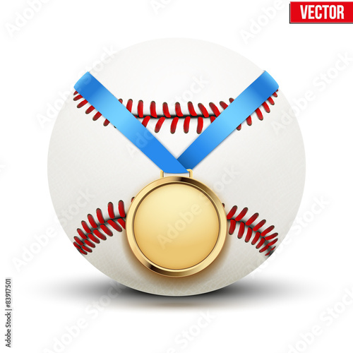 Sport gold medal with ribbon for winning baseball on the ball.