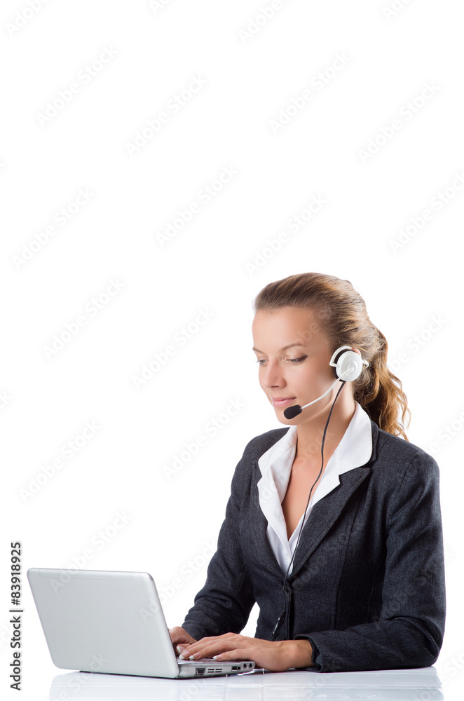 Office manager typing on the laptop isolated on white Office manager typing on the laptop isolated on white
