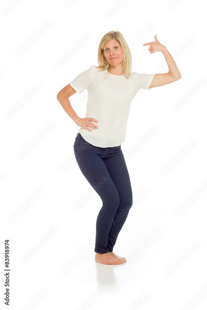 Model isolated pointing to herself Model isolated pointing to herself