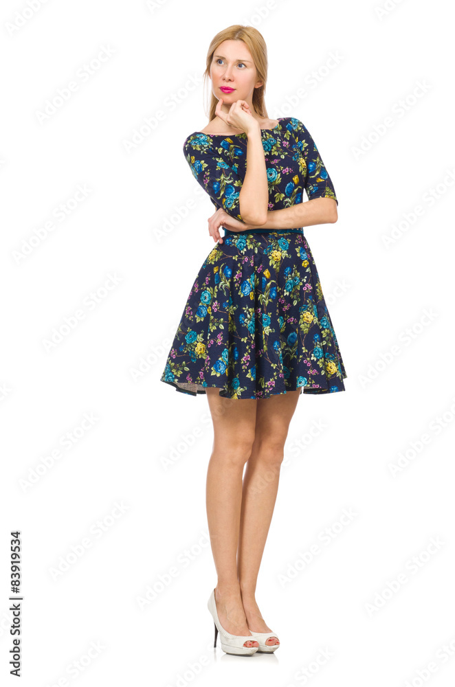 Woman in dark blue floral dress isolated on white Woman in dark blue floral dress isolated on white
