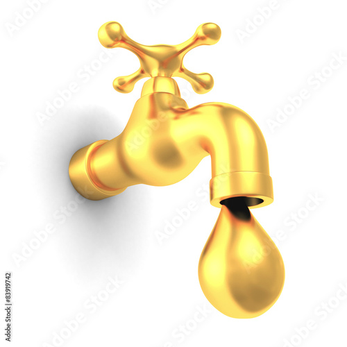 Golden Faucet Tap With Drop On White Background photo