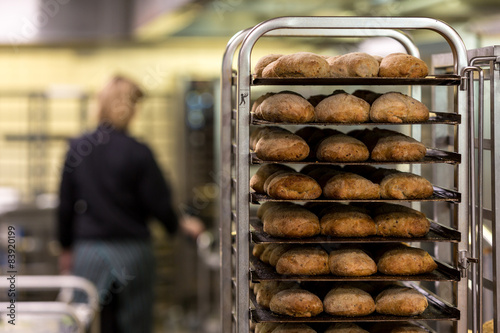 Freshly baked bread in commercial kitchen