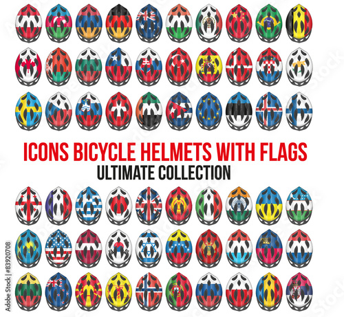 Big set of Bicycle mountain bike helmet with flags countries.