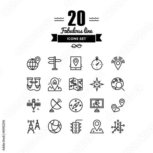 Geo location and navigation line icons set