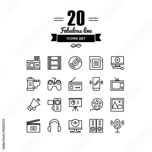 Multimedia objects line icons set